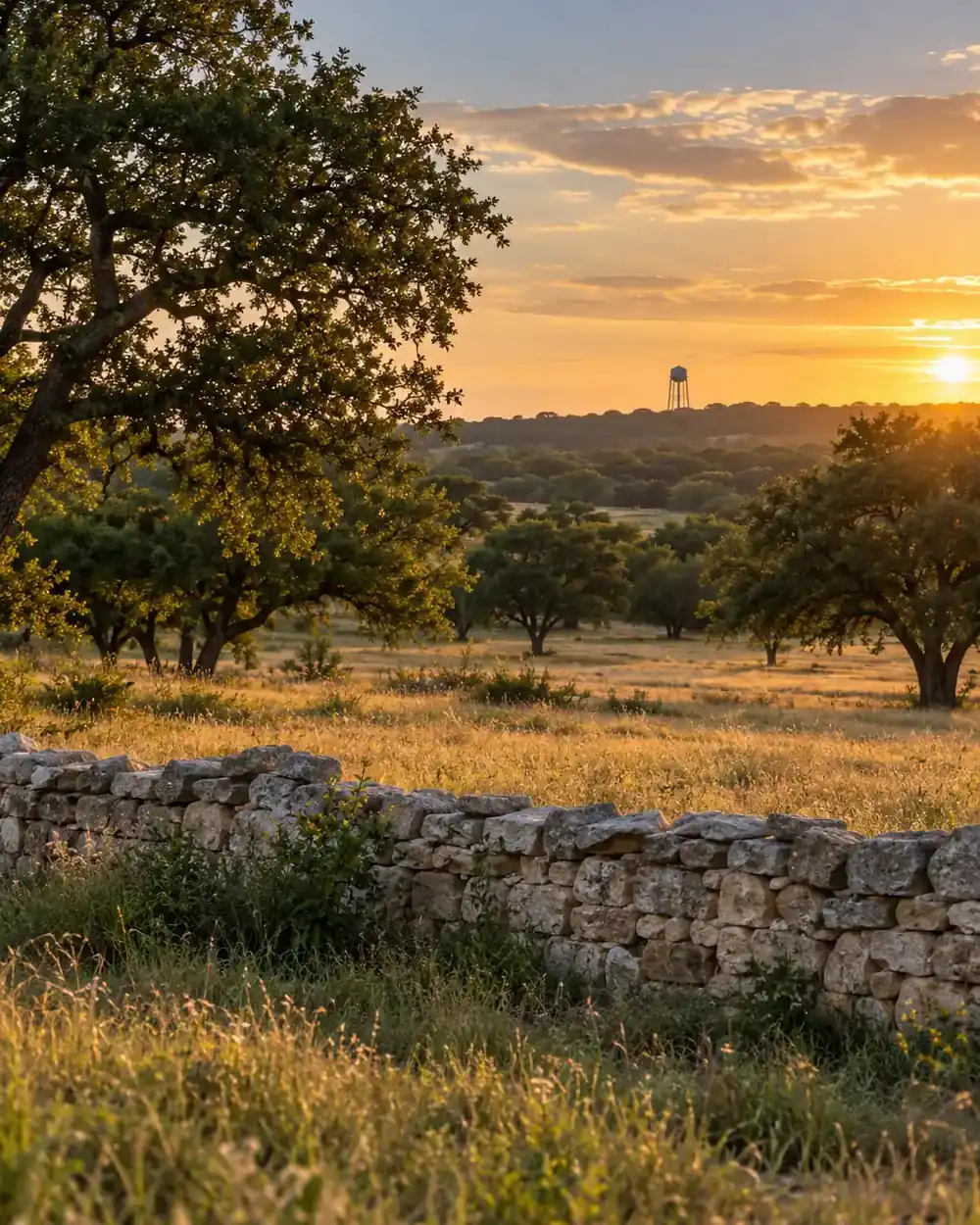 Live oaks cover rolling pasture beside a low limestone wall and distant water tower.