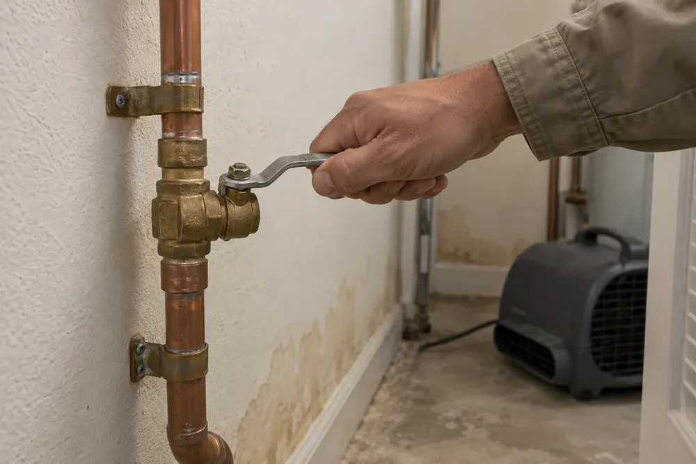 Hand turning a main water shutoff valve on copper piping inside a utility closet