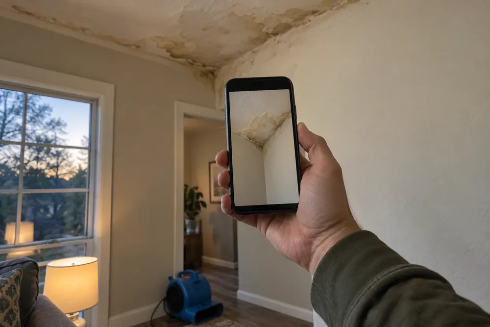 Hand holding a phone to photograph a water-stained ceiling corner