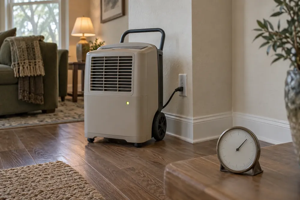 Clean baseboard corner beside a dehumidifier and a hygrometer on a stand